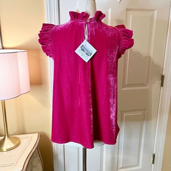 $159 NWT Duffield Lane Linda Hot Pink Velvet Ruffle Top Blouse Shirt Size SMALL - Picture 5 of 5